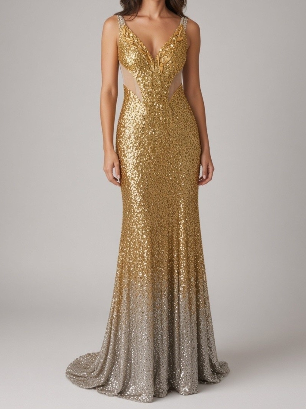 Renee Couture Gold Silver Ombre Sequin Cutout Mermaid Pageant Dress Gown Sz 6